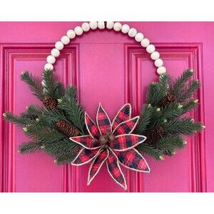 Plaid Christmas Beaded Wreath, Holiday Beaded Plaid Wreath, Bells, Pinecones